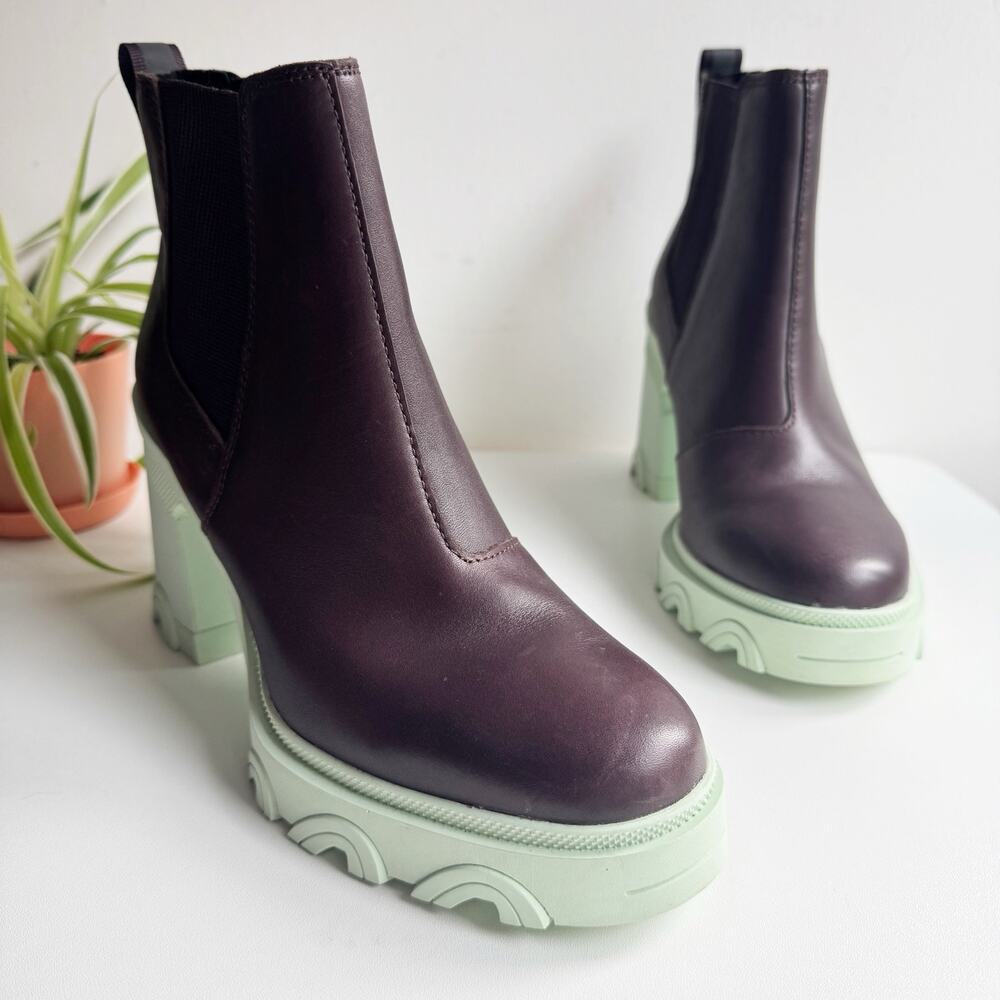 Sorel Brex Brown Leather Mint Green Chunky Lug Heel Ankle Boots Size 8.5